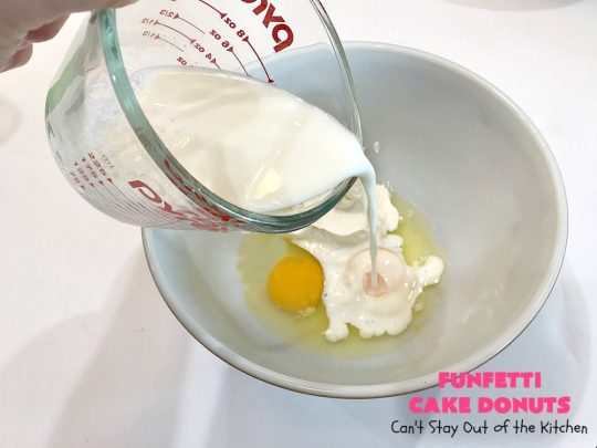 Funfetti Cake Donuts | Can't Stay Out of the Kitchen | my favorite #donut #recipe. These have delightful #almond flavoring in the donut & icing. #Sprinkles make everything better! Great for a #holiday #breakfast like #MemorialDay or #FathersDay. #Funfetti #FunfettiCakeDonuts #HolidayBreakfast