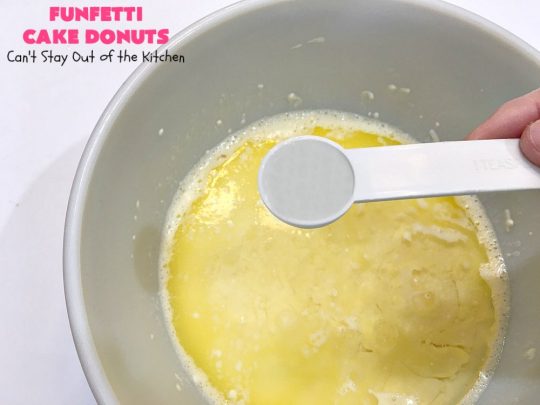 Funfetti Cake Donuts | Can't Stay Out of the Kitchen | my favorite #donut #recipe. These have delightful #almond flavoring in the donut & icing. #Sprinkles make everything better! Great for a #holiday #breakfast like #MemorialDay or #FathersDay. #Funfetti #FunfettiCakeDonuts #HolidayBreakfast