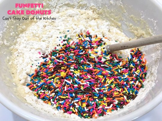Funfetti Cake Donuts | Can't Stay Out of the Kitchen | my favorite #donut #recipe. These have delightful #almond flavoring in the donut & icing. #Sprinkles make everything better! Great for a #holiday #breakfast like #MemorialDay or #FathersDay. #Funfetti #FunfettiCakeDonuts #HolidayBreakfast