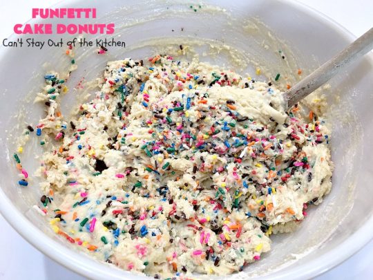 Funfetti Cake Donuts | Can't Stay Out of the Kitchen | my favorite #donut #recipe. These have delightful #almond flavoring in the donut & icing. #Sprinkles make everything better! Great for a #holiday #breakfast like #MemorialDay or #FathersDay. #Funfetti #FunfettiCakeDonuts #HolidayBreakfast