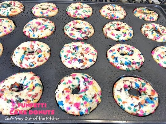 Funfetti Cake Donuts | Can't Stay Out of the Kitchen | my favorite #donut #recipe. These have delightful #almond flavoring in the donut & icing. #Sprinkles make everything better! Great for a #holiday #breakfast like #MemorialDay or #FathersDay. #Funfetti #FunfettiCakeDonuts #HolidayBreakfast