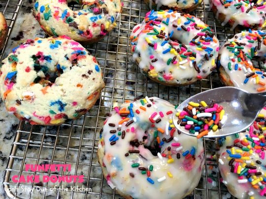 Funfetti Cake Donuts | Can't Stay Out of the Kitchen | my favorite #donut #recipe. These have delightful #almond flavoring in the donut & icing. #Sprinkles make everything better! Great for a #holiday #breakfast like #MemorialDay or #FathersDay. #Funfetti #FunfettiCakeDonuts #HolidayBreakfast