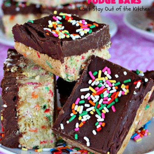 Funfetti Cookie Fudge Bars | Can't Stay Out of the Kitchen | these delicious #funfetti #cookies have a scrumptious #fudge frosting on top. Terrific for #tailgating parties, potlucks, backyard BBQs & summer #holiday fun like #FourthOfJuly. #chocolate #FunfettiCookie #FunfettiCookieFudgeBars #ChocolateDessert #FunfettiDessert