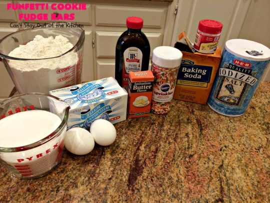 Funfetti Cookie Fudge Bars | Can't Stay Out of the Kitchen | these delicious #funfetti #cookies have a scrumptious #fudge frosting on top. Terrific for #tailgating parties, potlucks, backyard BBQs & summer #holiday fun like #FourthOfJuly. #chocolate #FunfettiCookie #FunfettiCookieFudgeBars #ChocolateDessert #FunfettiDessert