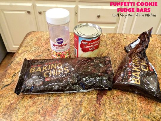 Funfetti Cookie Fudge Bars | Can't Stay Out of the Kitchen | these delicious #funfetti #cookies have a scrumptious #fudge frosting on top. Terrific for #tailgating parties, potlucks, backyard BBQs & summer #holiday fun like #FourthOfJuly. #chocolate #FunfettiCookie #FunfettiCookieFudgeBars #ChocolateDessert #FunfettiDessert