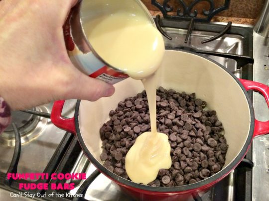 Funfetti Cookie Fudge Bars | Can't Stay Out of the Kitchen | these delicious #funfetti #cookies have a scrumptious #fudge frosting on top. Terrific for #tailgating parties, potlucks, backyard BBQs & summer #holiday fun like #FourthOfJuly. #chocolate #FunfettiCookie #FunfettiCookieFudgeBars #ChocolateDessert #FunfettiDessert
