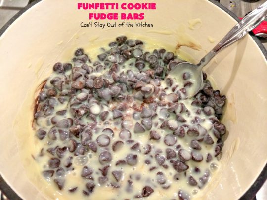 Funfetti Cookie Fudge Bars | Can't Stay Out of the Kitchen | these delicious #funfetti #cookies have a scrumptious #fudge frosting on top. Terrific for #tailgating parties, potlucks, backyard BBQs & summer #holiday fun like #FourthOfJuly. #chocolate #FunfettiCookie #FunfettiCookieFudgeBars #ChocolateDessert #FunfettiDessert