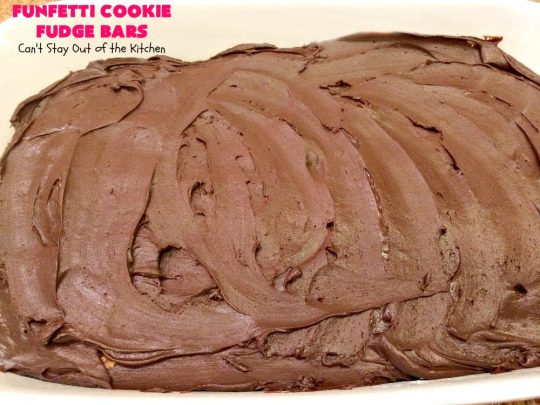 Funfetti Cookie Fudge Bars | Can't Stay Out of the Kitchen | these delicious #funfetti #cookies have a scrumptious #fudge frosting on top. Terrific for #tailgating parties, potlucks, backyard BBQs & summer #holiday fun like #FourthOfJuly. #chocolate #FunfettiCookie #FunfettiCookieFudgeBars #ChocolateDessert #FunfettiDessert