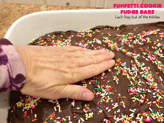 Funfetti Cookie Fudge Bars | Can't Stay Out of the Kitchen | these delicious #funfetti #cookies have a scrumptious #fudge frosting on top. Terrific for #tailgating parties, potlucks, backyard BBQs & summer #holiday fun like #FourthOfJuly. #chocolate #FunfettiCookie #FunfettiCookieFudgeBars #ChocolateDessert #FunfettiDessert