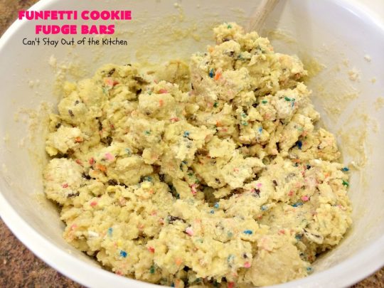 Funfetti Cookie Fudge Bars | Can't Stay Out of the Kitchen | these delicious #funfetti #cookies have a scrumptious #fudge frosting on top. Terrific for #tailgating parties, potlucks, backyard BBQs & summer #holiday fun like #FourthOfJuly. #chocolate #FunfettiCookie #FunfettiCookieFudgeBars #ChocolateDessert #FunfettiDessert