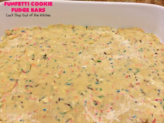 Funfetti Cookie Fudge Bars | Can't Stay Out of the Kitchen | these delicious #funfetti #cookies have a scrumptious #fudge frosting on top. Terrific for #tailgating parties, potlucks, backyard BBQs & summer #holiday fun like #FourthOfJuly. #chocolate #FunfettiCookie #FunfettiCookieFudgeBars #ChocolateDessert #FunfettiDessert