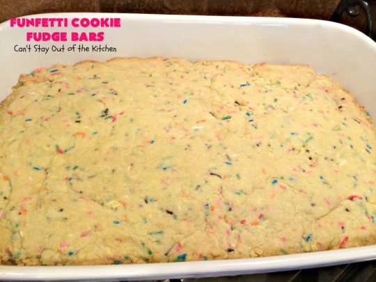 Funfetti Cookie Fudge Bars | Can't Stay Out of the Kitchen | these delicious #funfetti #cookies have a scrumptious #fudge frosting on top. Terrific for #tailgating parties, potlucks, backyard BBQs & summer #holiday fun like #FourthOfJuly. #chocolate #FunfettiCookie #FunfettiCookieFudgeBars #ChocolateDessert #FunfettiDessert