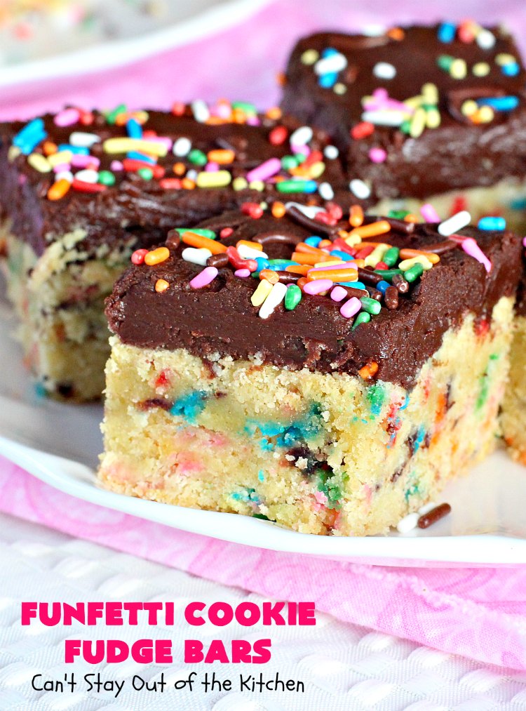 Funfetti Cookie Fudge Bars | Can't Stay Out of the Kitchen | these delicious #funfetti #cookies have a scrumptious #fudge frosting on top. Terrific for #tailgating parties, potlucks, backyard BBQs & summer #holiday fun like #FourthOfJuly. #chocolate #FunfettiCookie #FunfettiCookieFudgeBars #ChocolateDessert #FunfettiDessert