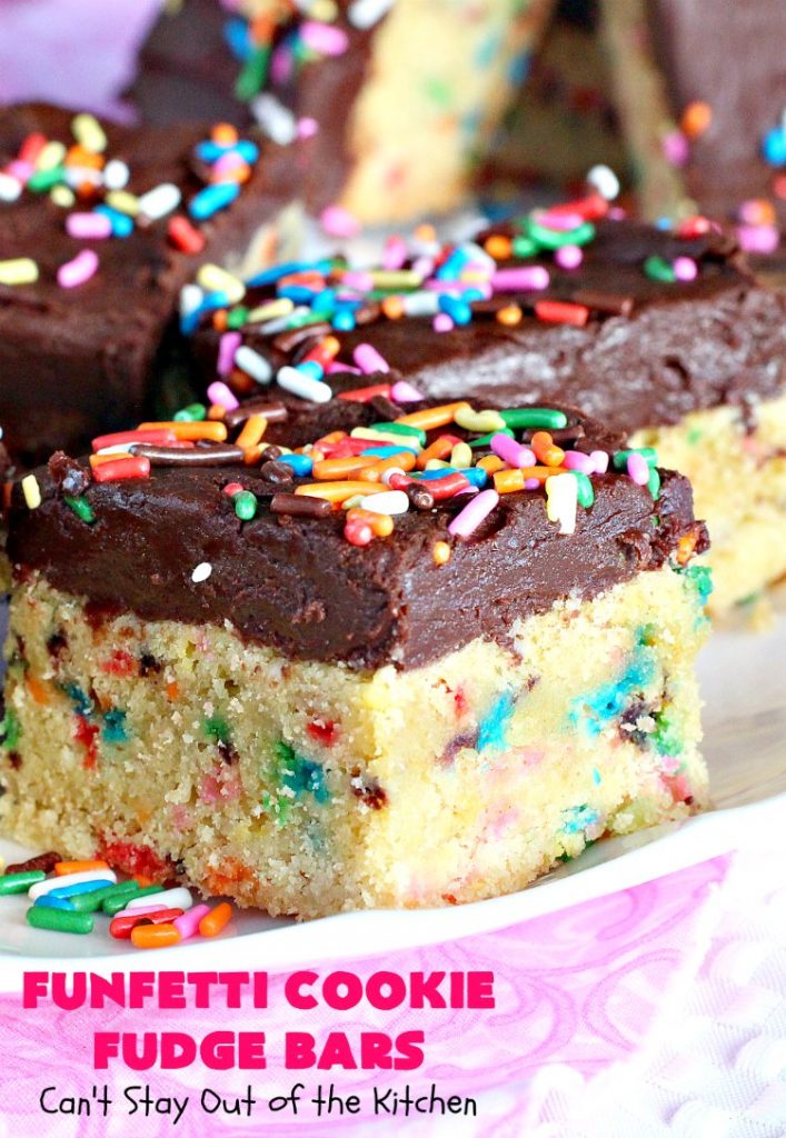 Funfetti Cookie Fudge Bars | Can't Stay Out of the Kitchen | these delicious #funfetti #cookies have a scrumptious #fudge frosting on top. Terrific for #tailgating parties, potlucks, backyard BBQs & summer #holiday fun like #FourthOfJuly. #chocolate #FunfettiCookie #FunfettiCookieFudgeBars #ChocolateDessert #FunfettiDessert