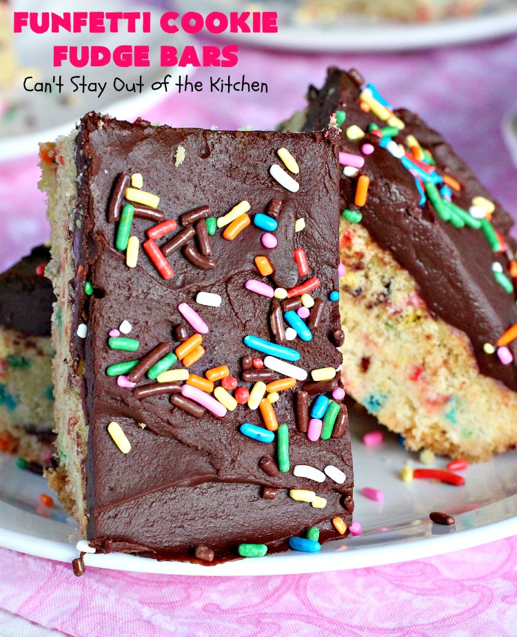 Funfetti Cookie Fudge Bars | Can't Stay Out of the Kitchen | these delicious #funfetti #cookies have a scrumptious #fudge frosting on top. Terrific for #tailgating parties, potlucks, backyard BBQs & summer #holiday fun like #FourthOfJuly. #chocolate #FunfettiCookie #FunfettiCookieFudgeBars #ChocolateDessert #FunfettiDessert