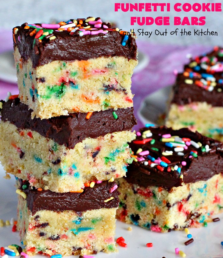 Funfetti Cookie Fudge Bars | Can't Stay Out of the Kitchen | these delicious #funfetti #cookies have a scrumptious #fudge frosting on top. Terrific for #tailgating parties, potlucks, backyard BBQs & summer #holiday fun like #FourthOfJuly. #chocolate #FunfettiCookie #FunfettiCookieFudgeBars #ChocolateDessert #FunfettiDessert