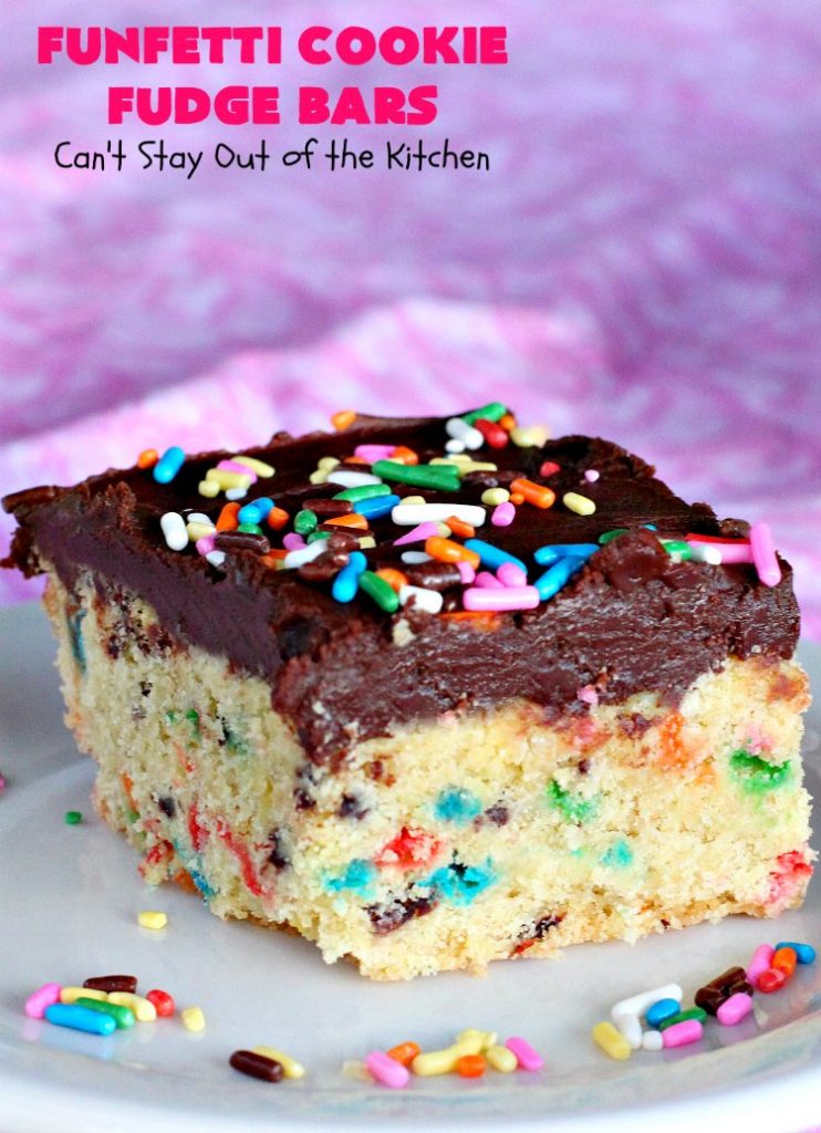 Funfetti Cookie Fudge Bars | Can't Stay Out of the Kitchen | these delicious #funfetti #cookies have a scrumptious #fudge frosting on top. Terrific for #tailgating parties, potlucks, backyard BBQs & summer #holiday fun like #FourthOfJuly. #chocolate #FunfettiCookie #FunfettiCookieFudgeBars #ChocolateDessert #FunfettiDessert