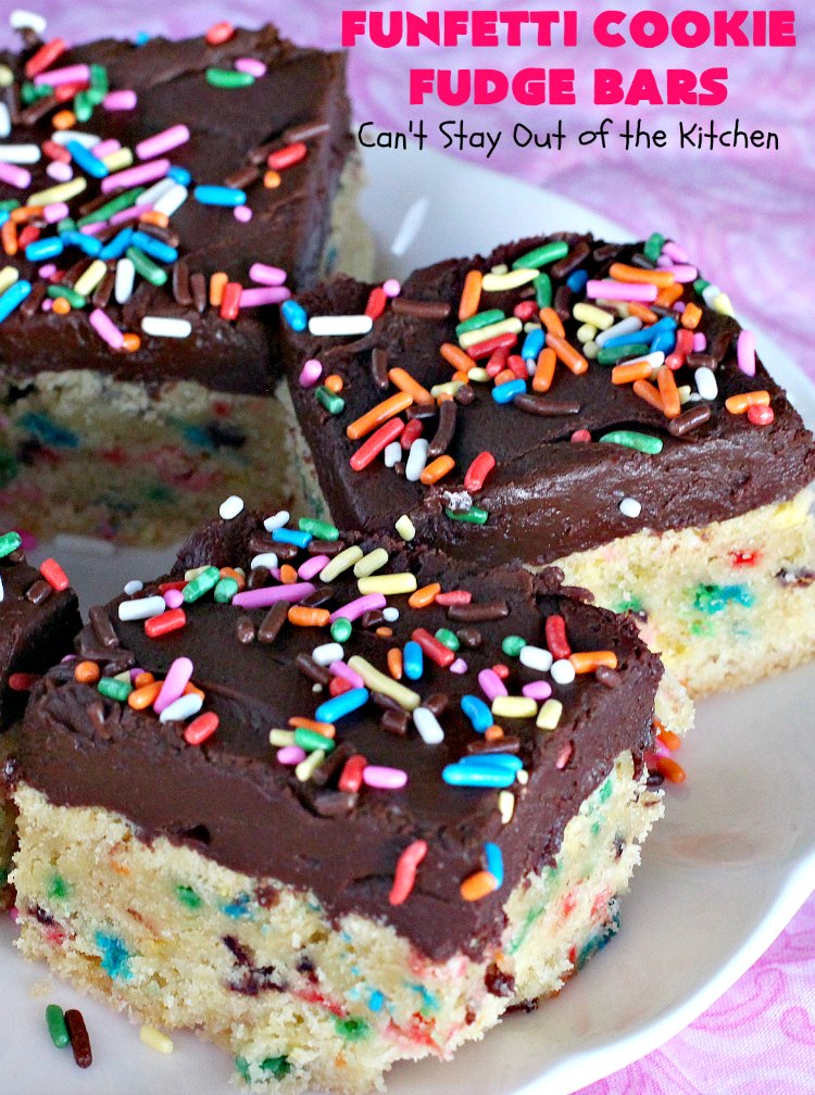 Funfetti Cookie Fudge Bars | Can't Stay Out of the Kitchen | these delicious #funfetti #cookies have a scrumptious #fudge frosting on top. Terrific for #tailgating parties, potlucks, backyard BBQs & summer #holiday fun like #FourthOfJuly. #chocolate #FunfettiCookie #FunfettiCookieFudgeBars #ChocolateDessert #FunfettiDessert