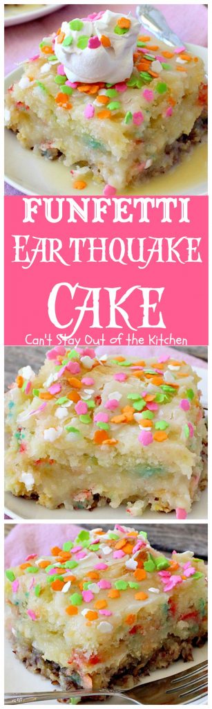 Funfetti Earthquake Cake | Can't Stay Out of the Kitchen | this is the perfect #cake for #birthdays or special occasions. #Creamcheese icing bakes into the cake causing volcano-like craters & an earthquake! #dessert #funfetti