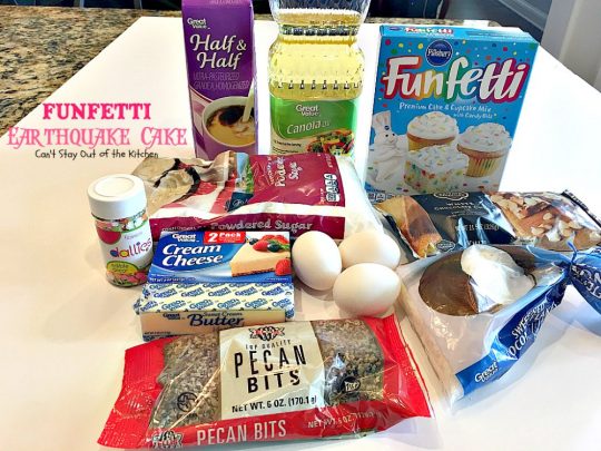 Funfetti Earthquake Cake | Can't Stay Out of the Kitchen | this is the perfect #cake for #birthdays or special occasions. #Creamcheese icing bakes into the cake causing volcano-like craters & an earthquake! #dessert #funfetti