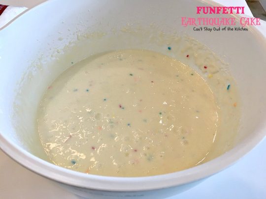 Funfetti Earthquake Cake | Can't Stay Out of the Kitchen | this is the perfect #cake for #birthdays or special occasions. #Creamcheese icing bakes into the cake causing volcano-like craters & an earthquake! #dessert #funfetti