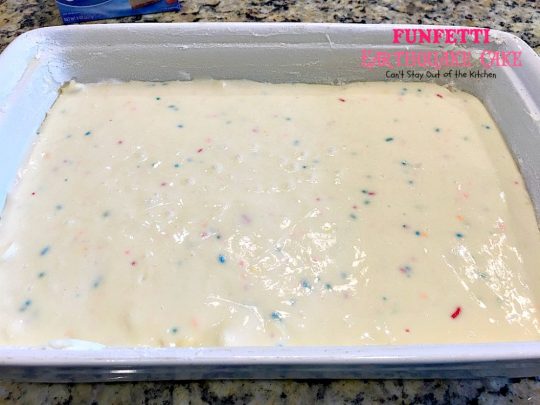 Funfetti Earthquake Cake | Can't Stay Out of the Kitchen | this is the perfect #cake for #birthdays or special occasions. #Creamcheese icing bakes into the cake causing volcano-like craters & an earthquake! #dessert #funfetti