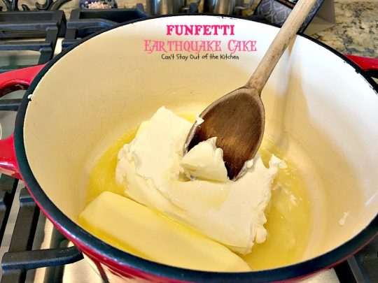 Funfetti Earthquake Cake | Can't Stay Out of the Kitchen | this is the perfect #cake for #birthdays or special occasions. #Creamcheese icing bakes into the cake causing volcano-like craters & an earthquake! #dessert #funfetti