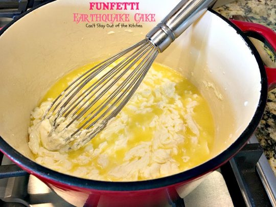 Funfetti Earthquake Cake | Can't Stay Out of the Kitchen | this is the perfect #cake for #birthdays or special occasions. #Creamcheese icing bakes into the cake causing volcano-like craters & an earthquake! #dessert #funfetti