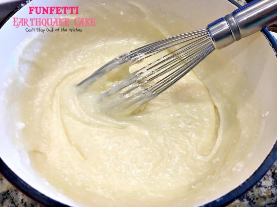 Funfetti Earthquake Cake | Can't Stay Out of the Kitchen | this is the perfect #cake for #birthdays or special occasions. #Creamcheese icing bakes into the cake causing volcano-like craters & an earthquake! #dessert #funfetti
