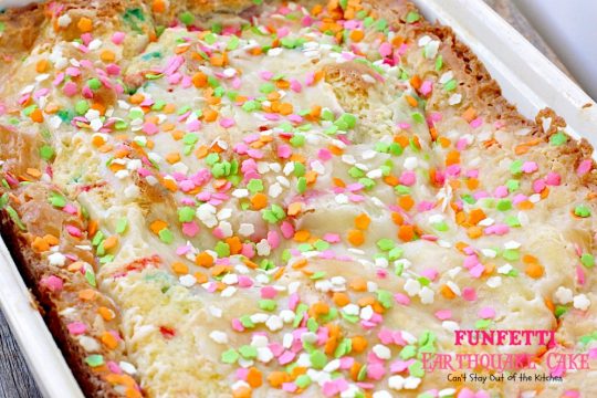 Funfetti Earthquake Cake | Can't Stay Out of the Kitchen | this is the perfect #cake for #birthdays or special occasions. #Creamcheese icing bakes into the cake causing volcano-like craters & an earthquake! #dessert #funfetti