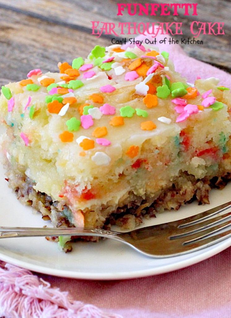 Funfetti Earthquake Cake | Can't Stay Out of the Kitchen | this is the perfect #cake for #birthdays or special occasions. #Creamcheese icing bakes into the cake causing volcano-like craters & an earthquake! #dessert #funfetti