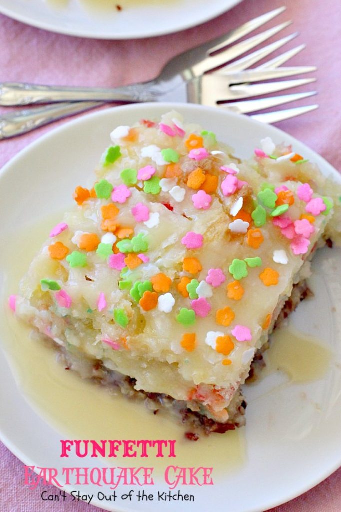 Funfetti Earthquake Cake | Can't Stay Out of the Kitchen | this is the perfect #cake for #birthdays or special occasions. #Creamcheese icing bakes into the cake causing volcano-like craters & an earthquake! #dessert #funfetti