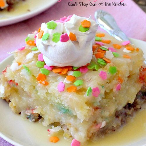 Funfetti Earthquake Cake | Can't Stay Out of the Kitchen | this is the perfect #cake for #birthdays or special occasions. #Creamcheese icing bakes into the cake causing volcano-like craters & an earthquake! #dessert #funfetti
