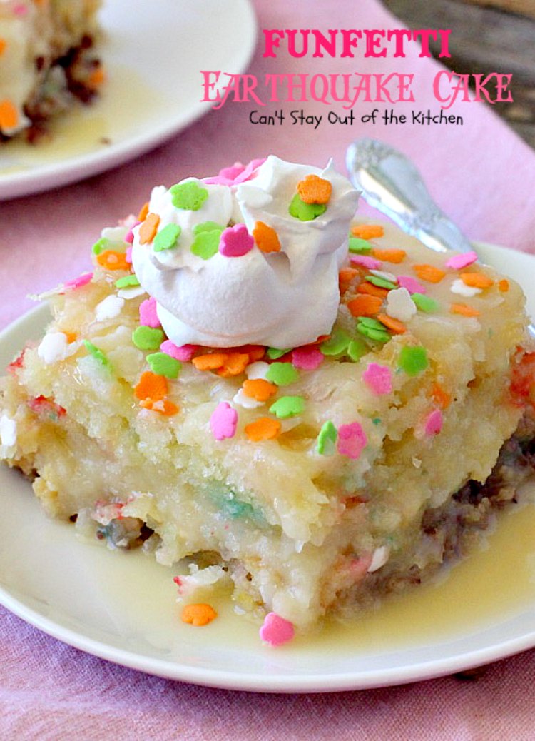 Funfetti Earthquake Cake | Can't Stay Out of the Kitchen | this is the perfect #cake for #birthdays or special occasions. #Creamcheese icing bakes into the cake causing volcano-like craters & an earthquake! #dessert #funfetti