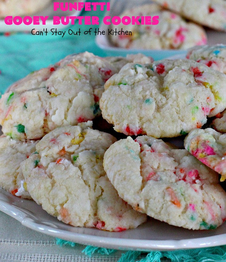 Funfetti Gooey Butter Cookies | Can't Stay Out of the Kitchen | these easy & delicious #cookies really deliver on taste. They're perfect for birthdays, potlucks, tailgating parties or any time you're craving a sweet treat. #dessert #funfetti #CreamCheese #FunfettiGooeyButterCookies #FunfettiDessert #sprinkles