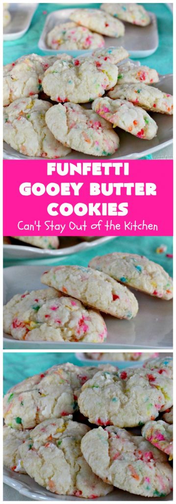 Funfetti Gooey Butter Cookies | Can't Stay Out of the Kitchen | these easy & delicious #cookies really deliver on taste. They're perfect for birthdays, potlucks, tailgating parties or any time you're craving a sweet treat. #dessert #funfetti #CreamCheese #FunfettiGooeyButterCookies #FunfettiDessert #sprinkles