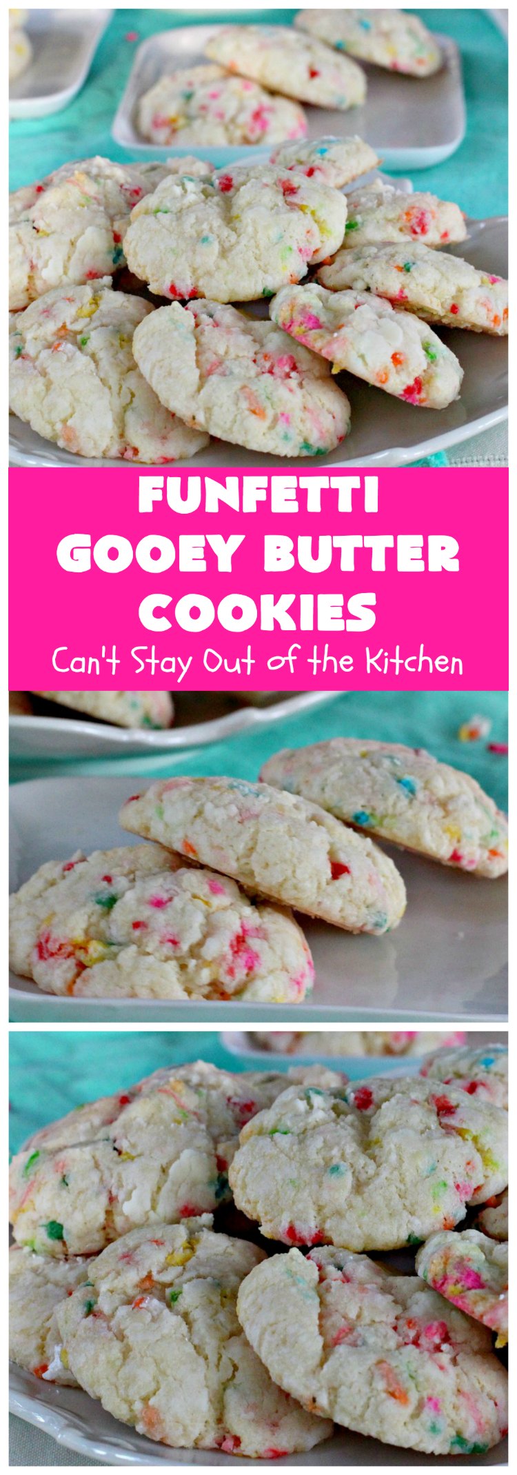 Funfetti Gooey Butter Cookies | Can't Stay Out of the Kitchen | these easy & delicious #cookies really deliver on taste. They're perfect for birthdays, potlucks, tailgating parties or any time you're craving a sweet treat. #dessert #funfetti #CreamCheese #FunfettiGooeyButterCookies #FunfettiDessert #sprinkles