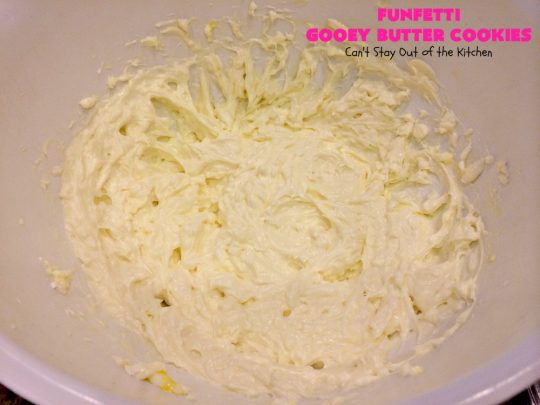 Funfetti Gooey Butter Cookies | Can't Stay Out of the Kitchen | these easy & delicious #cookies really deliver on taste. They're perfect for birthdays, potlucks, tailgating parties or any time you're craving a sweet treat. #dessert #funfetti #CreamCheese #FunfettiGooeyButterCookies #FunfettiDessert #sprinkles