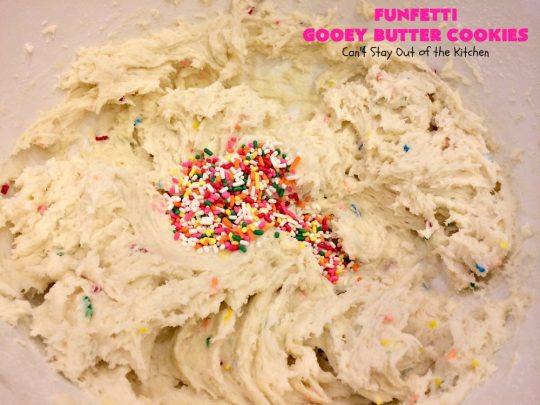 Funfetti Gooey Butter Cookies | Can't Stay Out of the Kitchen | these easy & delicious #cookies really deliver on taste. They're perfect for birthdays, potlucks, tailgating parties or any time you're craving a sweet treat. #dessert #funfetti #CreamCheese #FunfettiGooeyButterCookies #FunfettiDessert #sprinkles