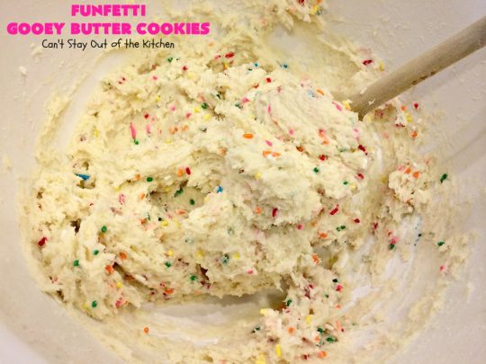 Funfetti Gooey Butter Cookies | Can't Stay Out of the Kitchen | these easy & delicious #cookies really deliver on taste. They're perfect for birthdays, potlucks, tailgating parties or any time you're craving a sweet treat. #dessert #funfetti #CreamCheese #FunfettiGooeyButterCookies #FunfettiDessert #sprinkles