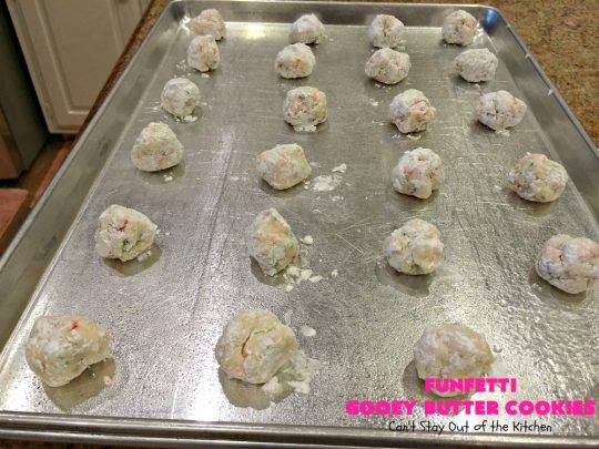 Funfetti Gooey Butter Cookies | Can't Stay Out of the Kitchen | these easy & delicious #cookies really deliver on taste. They're perfect for birthdays, potlucks, tailgating parties or any time you're craving a sweet treat. #dessert #funfetti #CreamCheese #FunfettiGooeyButterCookies #FunfettiDessert #sprinkles