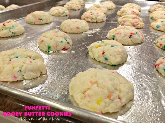 Funfetti Gooey Butter Cookies | Can't Stay Out of the Kitchen | these easy & delicious #cookies really deliver on taste. They're perfect for birthdays, potlucks, tailgating parties or any time you're craving a sweet treat. #dessert #funfetti #CreamCheese #FunfettiGooeyButterCookies #FunfettiDessert #sprinkles