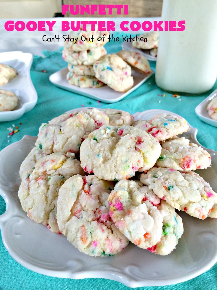 Funfetti Gooey Butter Cookies | Can't Stay Out of the Kitchen | these easy & delicious #cookies really deliver on taste. They're perfect for birthdays, potlucks, tailgating parties or any time you're craving a sweet treat. #dessert #funfetti #CreamCheese #FunfettiGooeyButterCookies #FunfettiDessert #sprinkles