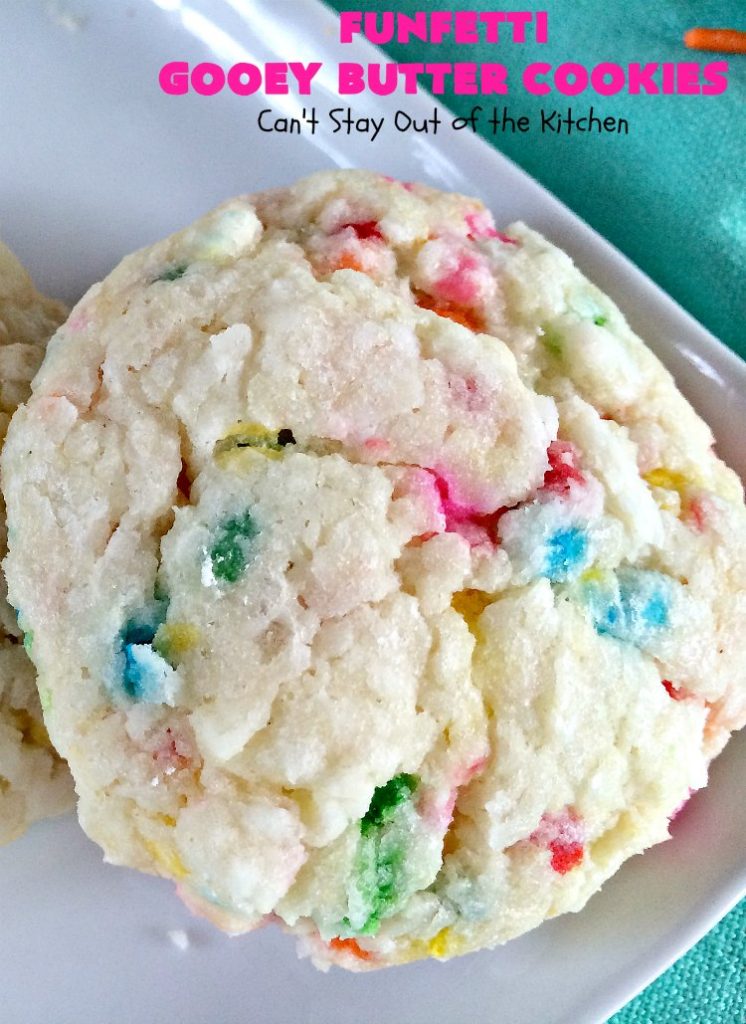 Funfetti Gooey Butter Cookies | Can't Stay Out of the Kitchen | these easy & delicious #cookies really deliver on taste. They're perfect for birthdays, potlucks, tailgating parties or any time you're craving a sweet treat. #dessert #funfetti #CreamCheese #FunfettiGooeyButterCookies #FunfettiDessert #sprinkles