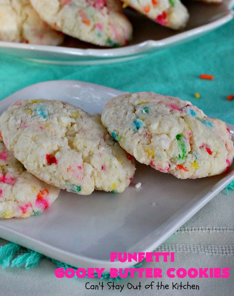 Funfetti Gooey Butter Cookies | Can't Stay Out of the Kitchen | these easy & delicious #cookies really deliver on taste. They're perfect for birthdays, potlucks, tailgating parties or any time you're craving a sweet treat. #dessert #funfetti #CreamCheese #FunfettiGooeyButterCookies #FunfettiDessert #sprinkles