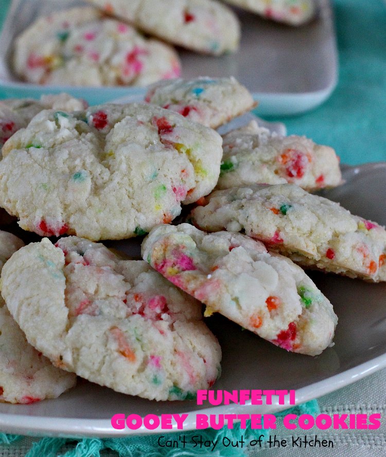 Funfetti Gooey Butter Cookies | Can't Stay Out of the Kitchen | these easy & delicious #cookies really deliver on taste. They're perfect for birthdays, potlucks, tailgating parties or any time you're craving a sweet treat. #dessert #funfetti #CreamCheese #FunfettiGooeyButterCookies #FunfettiDessert #sprinkles