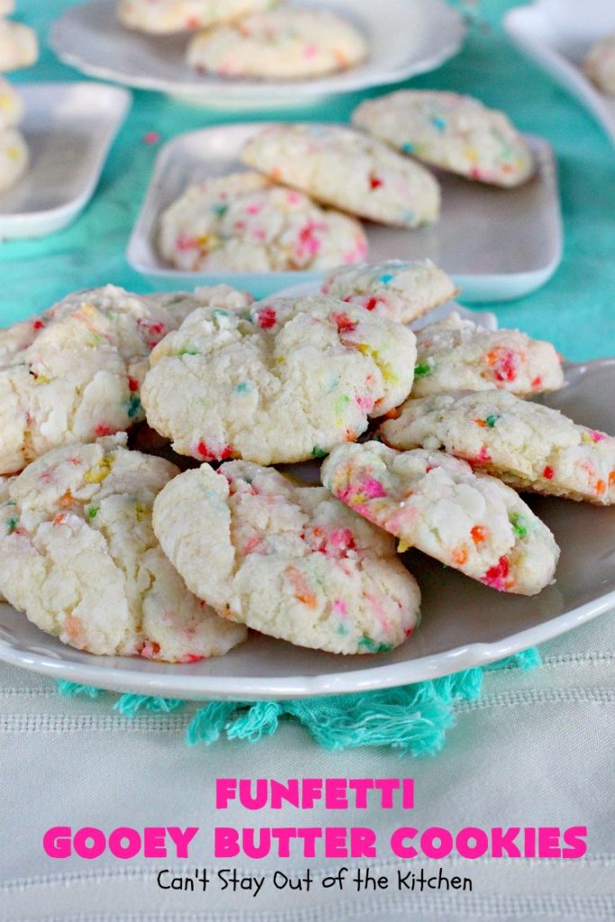 Funfetti Gooey Butter Cookies | Can't Stay Out of the Kitchen | these easy & delicious #cookies really deliver on taste. They're perfect for birthdays, potlucks, tailgating parties or any time you're craving a sweet treat. #dessert #funfetti #CreamCheese #FunfettiGooeyButterCookies #FunfettiDessert #sprinkles