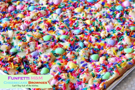 Funfetti M&M Cheesecake Brownies | Can't Stay Out of the Kitchen | these rich and decadent #brownies are sure to satisfy any sweet tooth craving. #peanutbutter #M&M's #rainbowsprinkles and #cheesecake make for an unbeatable combination. #dessert #chocolate