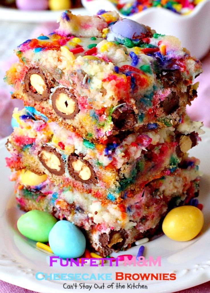 Funfetti M&M Cheesecake Brownies | Can't Stay Out of the Kitchen | these rich and decadent #brownies are sure to satisfy any sweet tooth craving. #peanutbutter #M&M's #rainbowsprinkles and #cheesecake make for an unbeatable combination. #dessert #chocolate