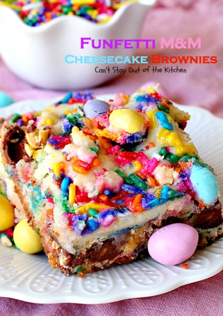 Funfetti M&M Cheesecake Brownies | Can't Stay Out of the Kitchen | these rich and decadent #brownies are sure to satisfy any sweet tooth craving. #peanutbutter #M&M's #rainbowsprinkles and #cheesecake make for an unbeatable combination. #dessert #chocolate